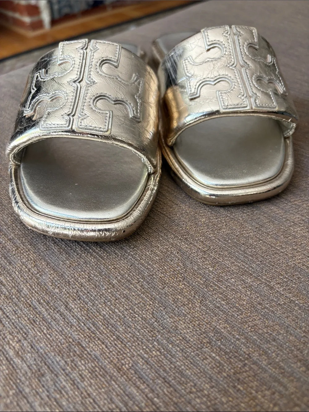 Tory Burch Iridescent Metallic Gold Logo Slide Sandals